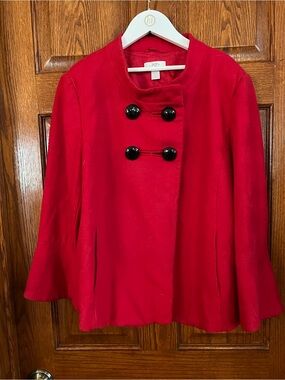 Ann Taylor Loft Large Red Wool Blend Short Pea Coat Black Buttons Flutter Cuff